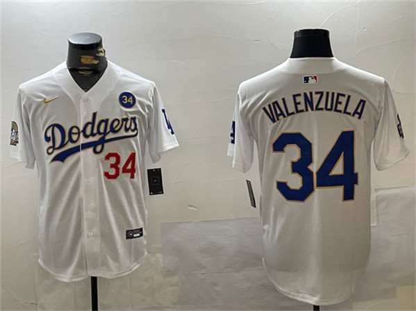 Los Angeles Dodgers #34 Toro Valenzuela White Gold 2024 World Series With No. 34 Patch Home Limited Stitched Jersey